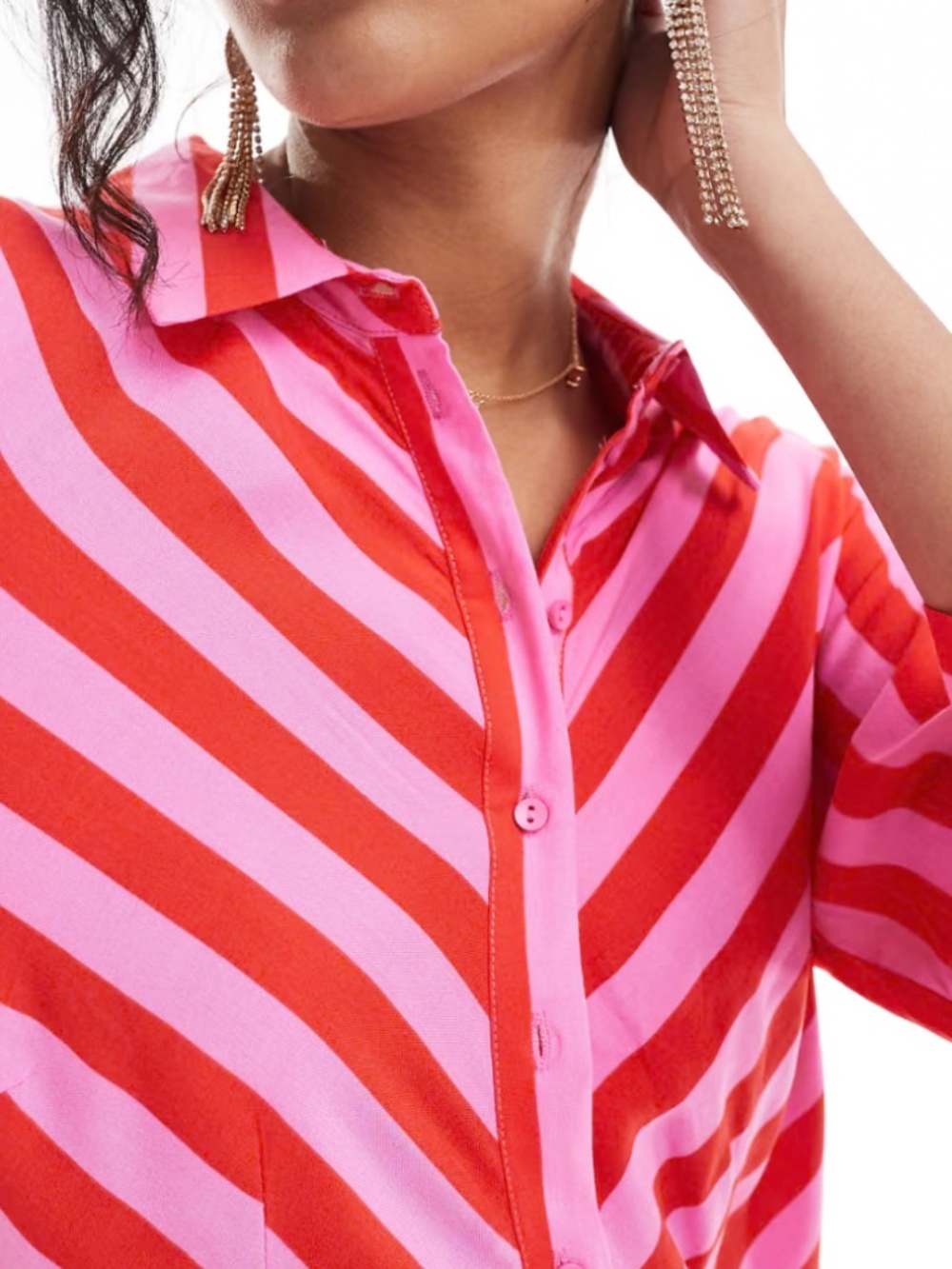 ASOS YAS Striped Pink Red Long Sleeve Shirt Dress - Picture 3 of 4